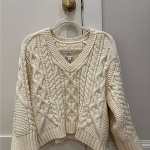 Maeve V-Neck Cable Knit Sweater in Cream